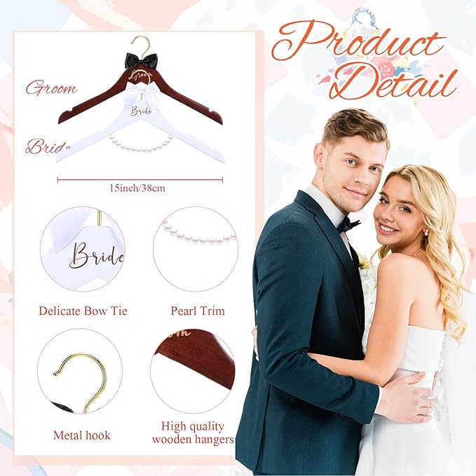 2 Pcs Bride Hanger for Wedding Dress Bride and Groom Wooden Wedding Dress Hanger Set with Bow Tie for Tuxedo Suit Gift Bridal Party Shower