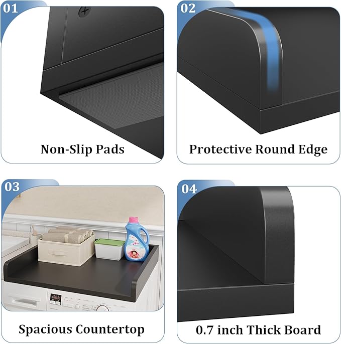 Washer Dryer Countertop, Countertop for Washer Dryer with Non-Slip Mat, Easy to Clean, Washer Dryer Wooden Countertop for Organization, 27.5″W x 27.5″D x 3.2″H Laundry Countertop(Black)