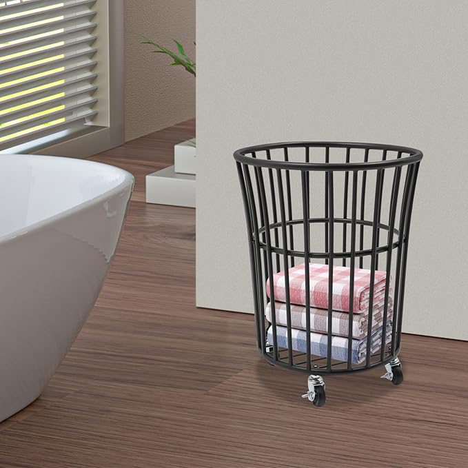 Metal Laundry Basket, Rolling Laundry Hamper with Wheels, Round Mesh Iron Basket Storage Clothes Organizer with Locking Casters for Laundry Room Bathroom Bedroom Closet Dorm (Black)