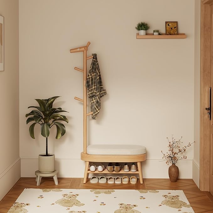 AQIMUELE Shoe Bench Entryway,Coat Rack with Shoe Storage, Coat Rack and Shoe Rack, Wooden Narrow Shoe Bench（Natural）