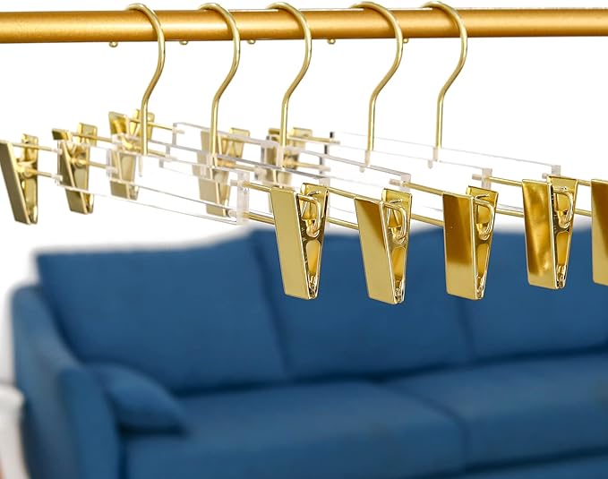 Besser Gold Clear Hangers 15 Pack,Acrylic Clothes Hangers,Skirt Dress Hanger with Gold Clips,Pants Hangers for Closet Storage