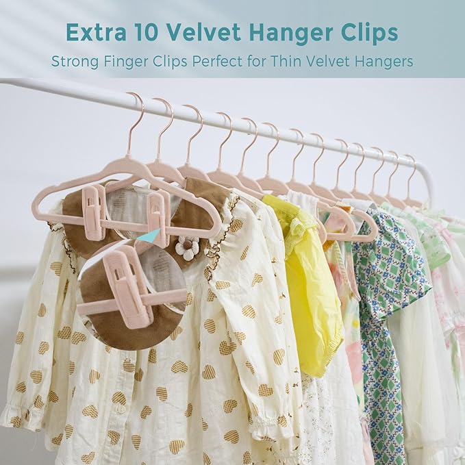 14 Inch Velvet Kids Hangers - 50 Pack Durable & Non-Slip Closet Organizers for Big Kids & School-Age Children, 0.2" Ultra Slim Space-Saving Design with 10 Clips Hanger - Pink