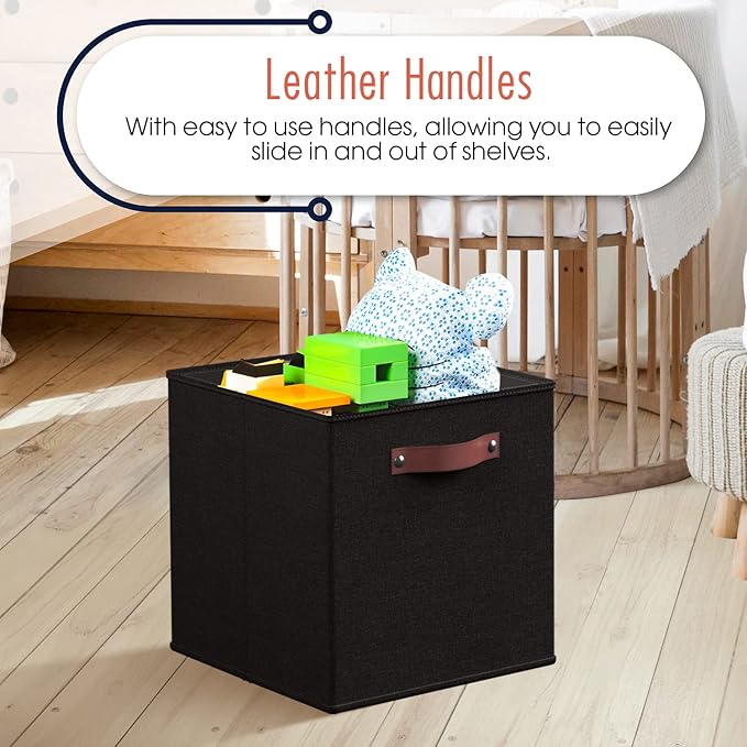 Ornavo Home 11 x 11 Storage Cube Bins, Foldable Collapsible Fabric Storage Bins Box Linen Shelf Basket Cube Organizer for Closet with Leather Handles, 6 Pack, Black