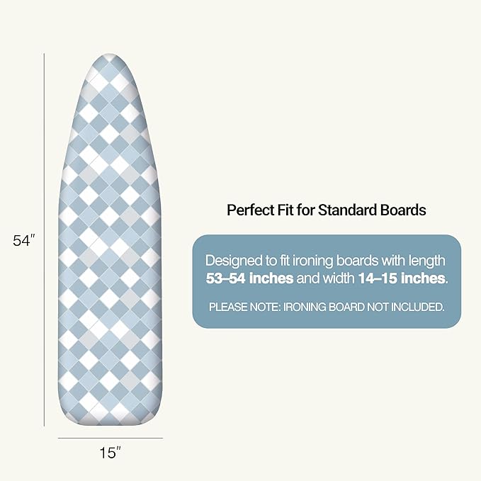 Ironing Board Cover and Pad 15"x54" Extra Thick Natural Cotton, Scorch and Stain Resistant Padding, Standard Size Iron Board Cover with Fasteners Heavy Duty Elastic Edge, Heatproof Checkered