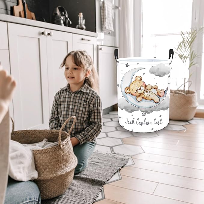 Custom Baby Girl Hamper with Name, 2 Sizes Personalized Name Laundry Baskets for Boys Adults, Customize Bear Toddler Laundry Hamper Storage Organizer for Nursery Utility Room