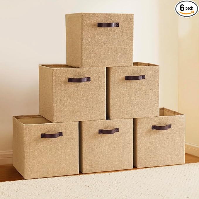 Ornavo Home 10.5 x 10.5 Storage Cube Bins, 6 Pack Jute Baskets, Fabric Storage Bins Shelf Basket Cube Organizer for Closet Foldable Collapsible with Leather Handles