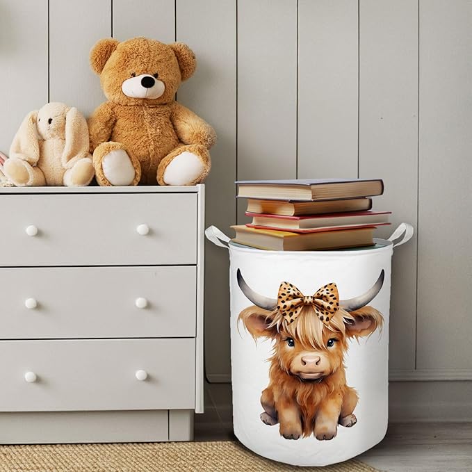 Highland Cow Baby Nursery Laundry Basket, Toybox for Girls Room, Leopard Bow Cow Laundry Basket Hamper Waterproof Collapsible Clothes Toys Storage Bin Organizer for Kids Room Playroom Bathroom