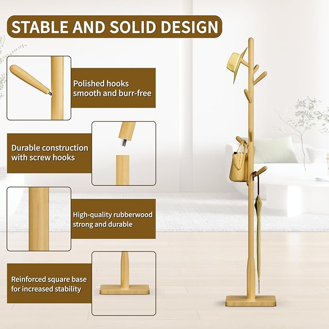 Solid Wood Square Base Coat Rack, Free Standing Hall Coat Tree with 8 Hooks（+2 spare) for Coats, Hats, Bags, Purses, for Entryway, Hallway, Rubberwood Hooks,Base and Pole,(Square Base, Natural Beige)