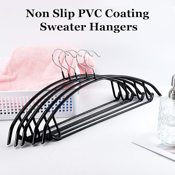 20 Pack Clothes Hangers, Non Slip PVC Coating Metal Hanger, 17 Inch No Shoulder Bump Sweater Hangers, Heavy Duty Rubber Coated Clothes Hanger for Closet Coat Suit T Shirt, Black