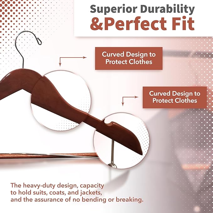 DEILSY™ Suit Hangers for Men with Open Bar 10 Pack Premium Brown Wooden Coat Hangers Pants Durable Suit for Closet Organization - Jacket Hanger Wood Clothes (10)