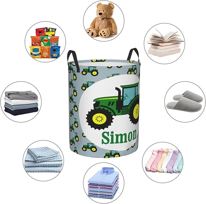 Green Farm Tractor Tractor Customized Laundry Basket Clothes Hamper with Name Collapsible Waterproof Large Capacity Organizer Storage for Living Room.