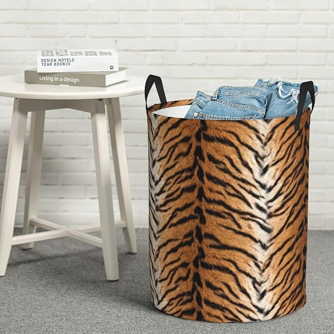 Tiger Animal Texture Round Laundry Hamper Storage Basket Toys Clothes Organizer Bin For Home Bathroom Bedroom Dorm Nursery, 62l