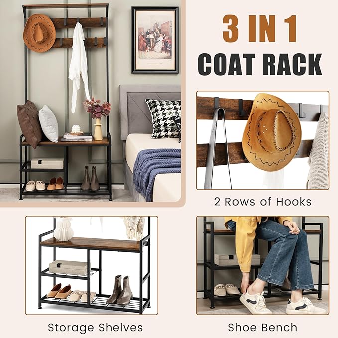 S AFSTAR 3-in-1 Storage Benches Coat Rack with Storage Shelf & 9 Movable Hooks, Industrial Hall Tree with Shoe Bench, Anti-Tipping Device, Shoe and Coat Rack for Entryway Living Room Bedroom, Brown