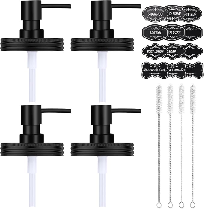 Mason Jar Soap Dispenser Set, Rustproof Plastic Lotion Pump and Lids Accessories for Regular Mouth Mason Jar and Farmhouse Kitchen Counter Decor- 4 Pack Black
