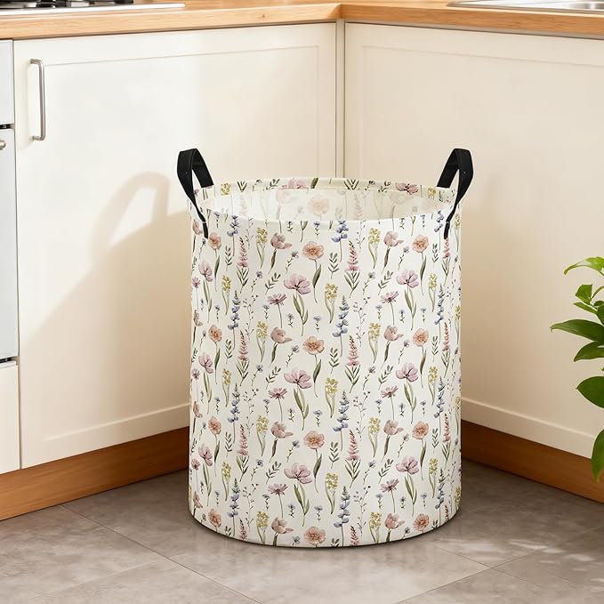 ESSME Kids Laundry Basket,Flower Hamper Collapsible Canvas Waterproof Storage Bin for Girls, Cute Hamper,Gift Baskets.(Flower)