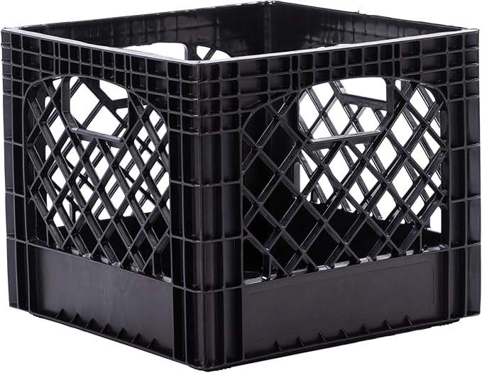 Plastic Milk Crate Storage Tote with Handles, 16-Quart Stackable Cube Organizer for Garage, Home, and Office, Made in the USA, 13" x 13" x 11" (1-Pack) - Black