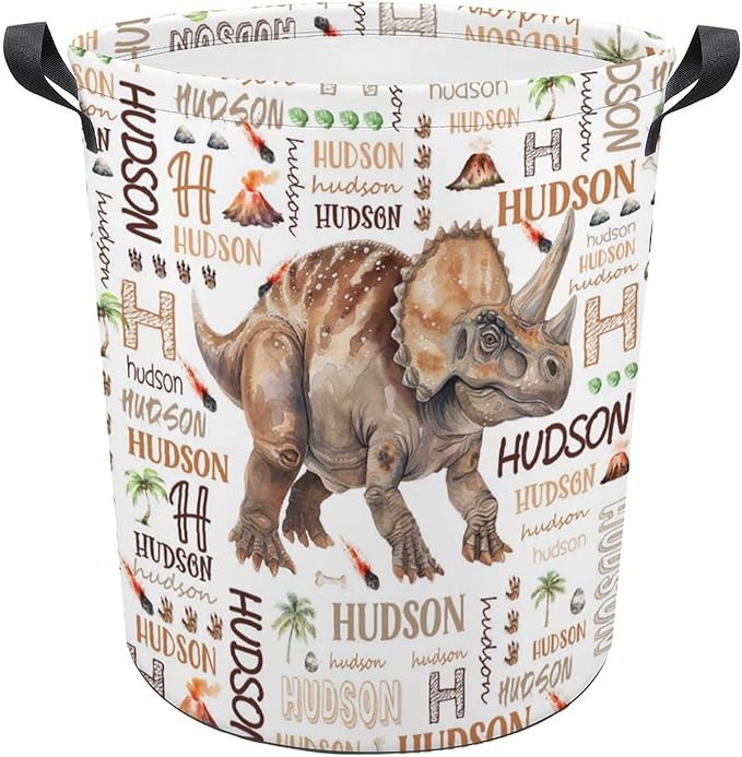 Dinosaur Laundry Basket,Custom Laundry Hamper with Name,Personalized Dinosaur Gifts for Boys Girls,Customize Collapsible Laundry Basket for Bedroom Bathroom,M-19.5"X 15.7"