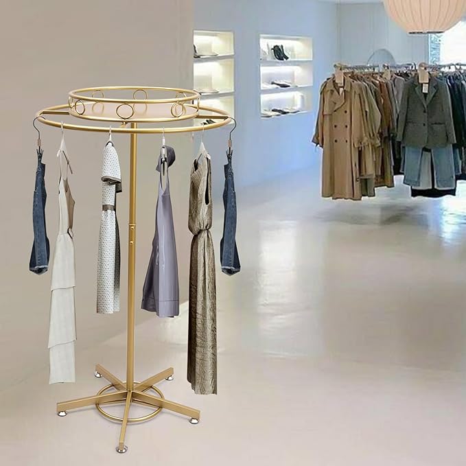 Round Garment Rack Floor Standing Rotating Clothes Hanging Rack with Topper 3.38-5.02ft Height Adjustable Retail Display Stand Metal Commercial Clothing Organizer Stand (Gold)
