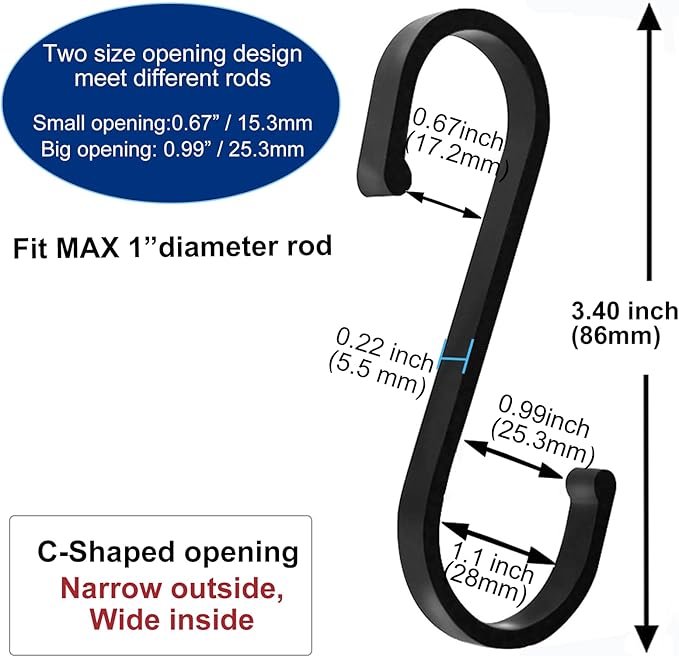 GAViA S Hooks, S Shaped Hooks, Matte Black S Hooks Heavy Duty for Hanging Pots and Pans, Plants, Coffee Cups, Coats, Bags, Towels in Kitchen, Bedroom, Office, Garden, Bathroom, 10 Pack