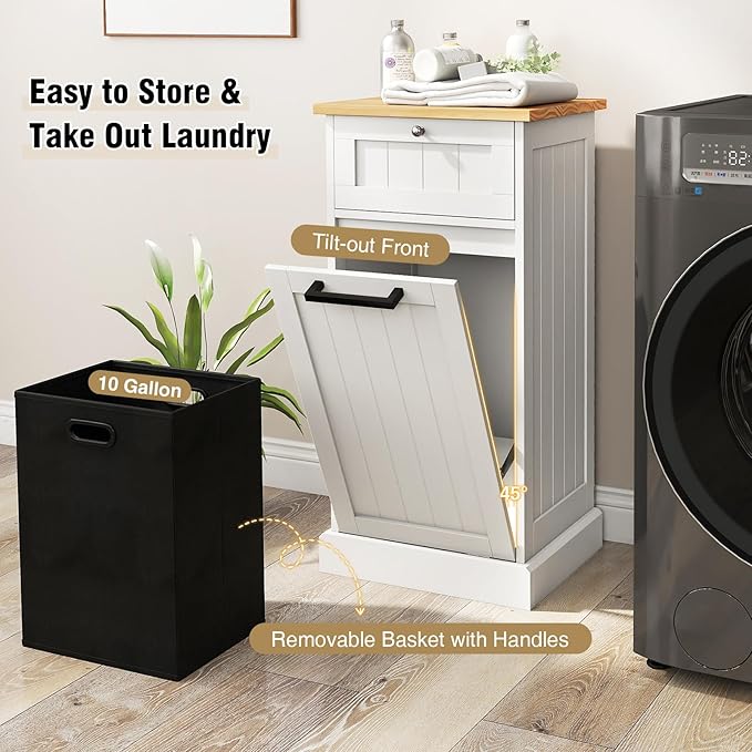 Giantex Tilt Out Laundry Hamper Cabinet, 10 Gallon Bathroom Storage Cabinet with Drawers & Removable Basket, Modern Wood Hidden Laundry Hamper for Laundry Room, Bedroom, Kitchen, Corner, White