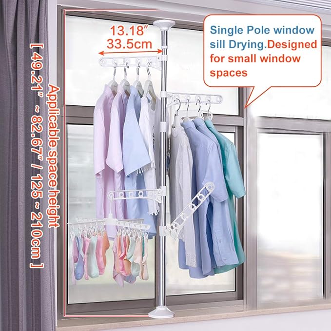 BAOYOUNI 4-Tier Standing Clothes Garment Drying Rack Laundry Coat Storage Rod Organizer Balcony Windowsill Adjustable Metal Corner Plant Hanger Tension Pole Rail Space Saving, Ivory