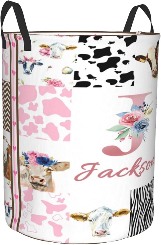 Personalized Cow Laundry Basket For Baby Kids Boys Girls Adult Custom Hamper Basket With Name For Bathroom Bedrooms Collapsible Baby Dirty Clothes Hamper With Handles