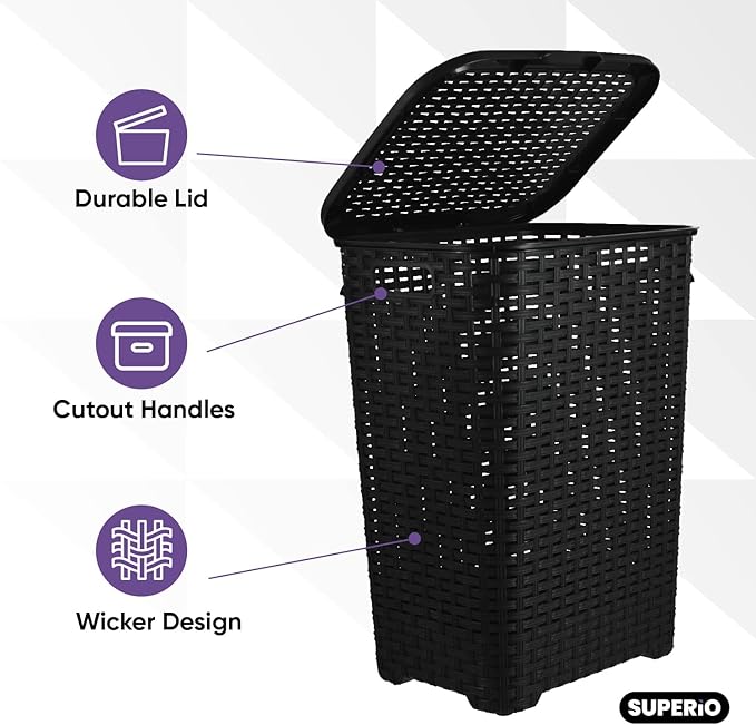Plastic Laundry Hamper with Lid 3 Pack Laundry Hamper Basket, Black Tall Cloths Hamper Organizer with Cut-out Handles. Space Saving for Laundry Room Bedroom Bathroom, Wicker Design 60 Liter