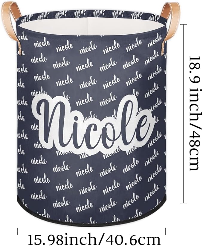 Custom Name Laundry-Hamper, Personalized Kids-Clothes-Hamper Foldable with Name, Customized Storage Basket with Handles Waterproof Gift for Boys Girls Baby Women, Dark Blue