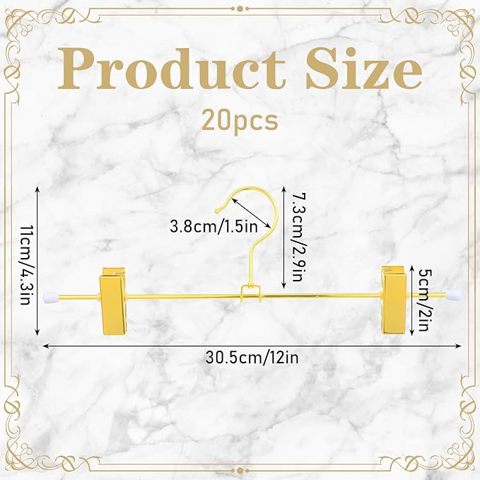 20 Pack Shiny Gold Metal Hangers 12 Inch Gold Pants Skirts Hanger with 2 Adjustable Non Slip Clips and Swivel Hook Sturdy Skirt Hangers with Clips for Skirts Slacks Jean Trousers