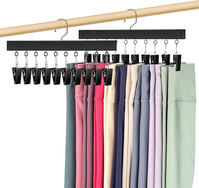 2 Pack Leggings Hangers for Closet, Wooden Legging Hanger for Closet Organizer with 20 Upgraded Clips Holds 20 Leggings, 360° Rotatable Space Saving Yoga Pants Hanger for Socks, Skirts, Black