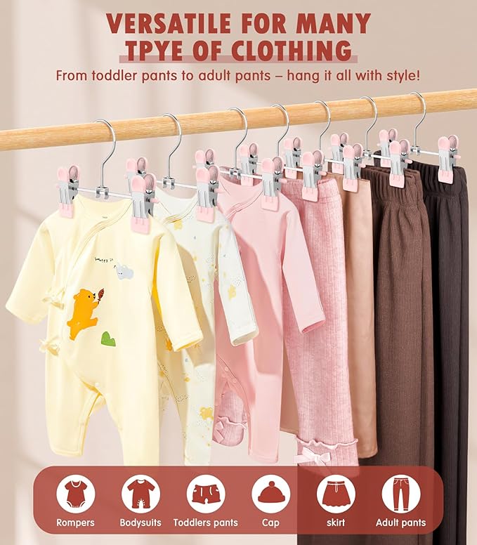 DOIOWN 10 Pack Baby Pants Hangers with Clips, Toddler Non-Slip Space Saving Hangers for Pants, Skirts, Clothes - Baby Essentials Closet Organizer