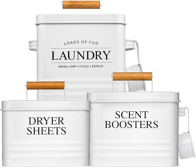 Calindiana Modern Farmhouse Laundry Powder Container, Dryer Sheets Holder and Scent Boosters Container Bundle for Organization and Storage, Laundry Room Decor