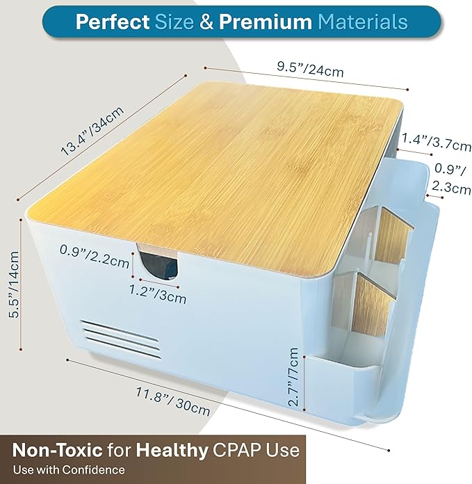 Maximun CPAP Bedside Organizer & Storage Box - Compatible With ResMed AirSense 11/10 Philips DreamStation, Sleep Apnea Machine Protector with Dual Hose Ports, Cable Management - White
