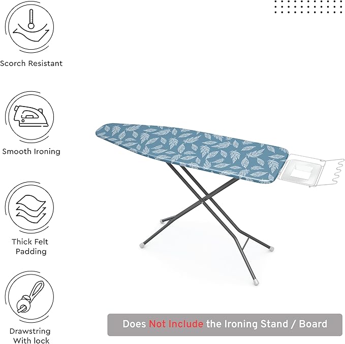 Encasa XO Ironing Board Cover and Pad 54"x18" - Thick 3mm Felt Padding, Drawstring Tightening & Lock, Easy Fit, Scorch & Stain Resistant, Fits X-Large Ironing Board - Big Leaves Blue