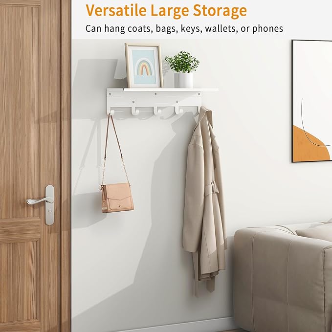 Shelf with Hooks, 17 Inch Coat Rack Wall Mount with 5 Hooks with Shelf, Metal Entryway Coat Hangers Storage Clothes, Bags, Purse, Keys for Living Room, Bedroom, White