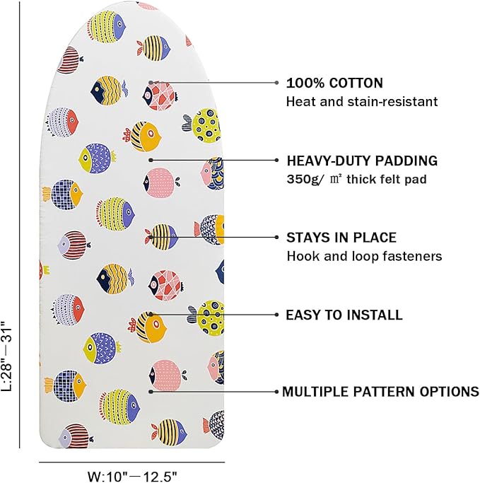 12.5" x 30" Small Tabletop Ironing Board Cover and Pad,3 Pairs of Hook and Loop Fastener Straps,Elastic Edges,Cotton Mini Iron Board Cover with Scorch Resistant Thick Padding