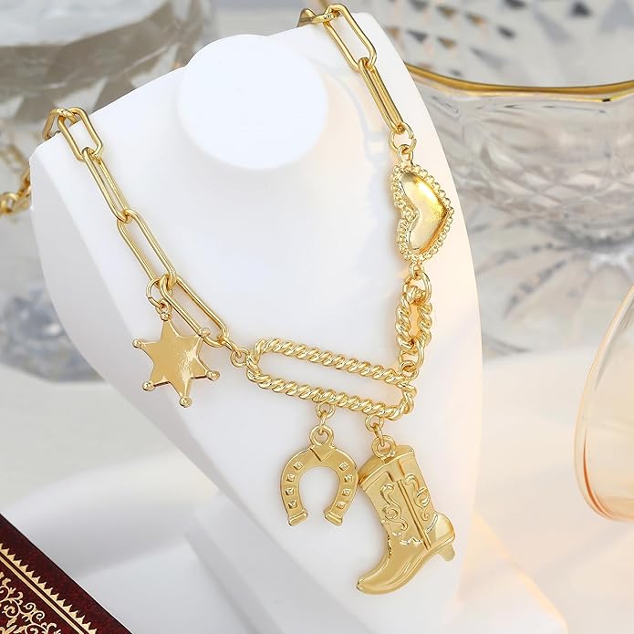 Chunky Gold Necklace for Women Gold Evil Eye Cowboy Pendant Necklace Dainty Paperclip Chain Vintage Luck Amulet Choker Necklaces Celestial Jewelry Gift
