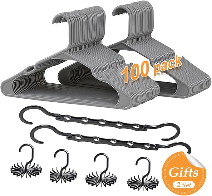 VECELO 100 Pack Plastic Hangers-Clothes Hangers Set with Shoulder Grooves for Closet Space Saving-Heavy Duty Coat Hanger,Gray
