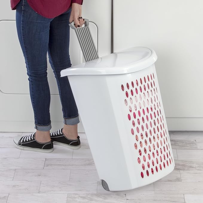 2-Bushel Capacity Laundry Basket With Wheels and Lid,Plastic Rolling Laundry Hampers,Retractable handle,White,Suitable for use in Home and Dormitories