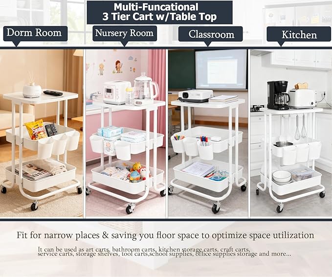 3 Tier Rolling Cart with Topper Storage Table Cart White Utility Cart with Cups & Hooks, Metal Frame with Plasitc Baskets, Functional Mobile Carts for Kitchen Pantry, Arts Supplies,Baby Essentials