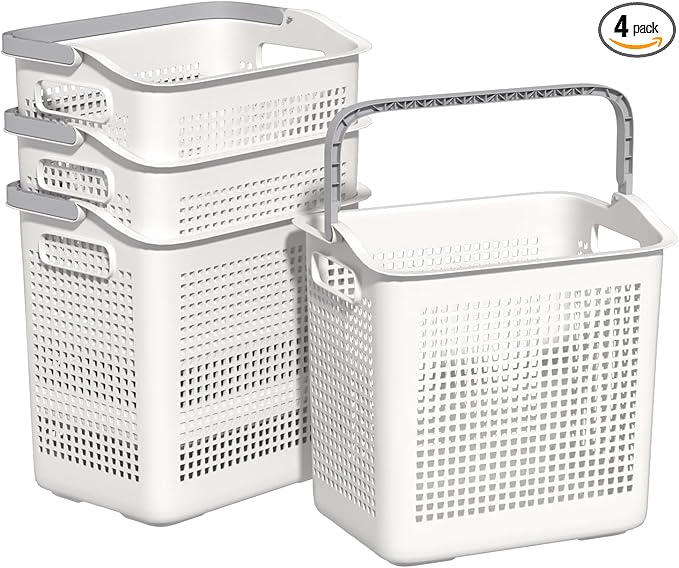 Rosebloom 35 L Plastic Portable Laundry Basket, Plastic Laundry Baskets with Handle, White, 4 Packs