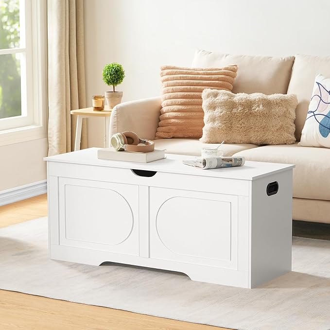 Storage Chest, 43.3” Toy Box, Entryway Storage Trunk, Shoe Bench with Storage, Engineered Wood Storage Cabinet with 2 Safety Hinges, Entrance Bench for Living Room, White SCWT2101