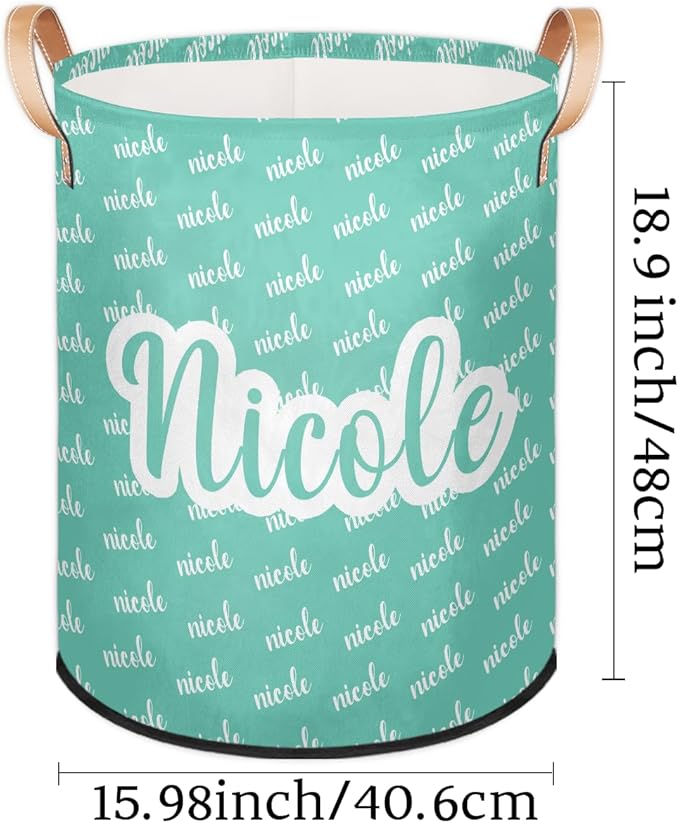 Custom Name Laundry-Hamper, Personalized Cyan Kids-Clothes-Hamper Foldable with Name, Customized Storage Basket with Handles Waterproof Gift for Boys Girls Baby Women