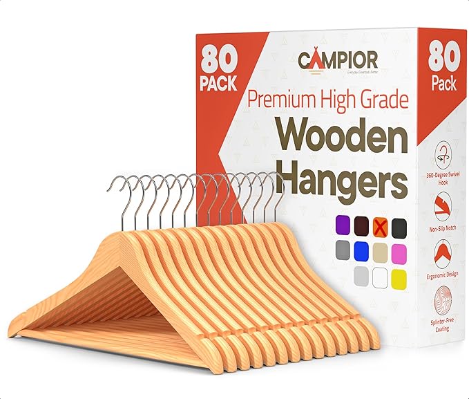 Natural Wooden Hangers 80 Pack – Heavy-Duty with 360° Swivel Hook, Non-Slip, Pants Bar & Shoulder Grooves - Wooden Hangers for Suits, Jackets, Dresses & Camisoles, Space-Saving and Smooth Finish