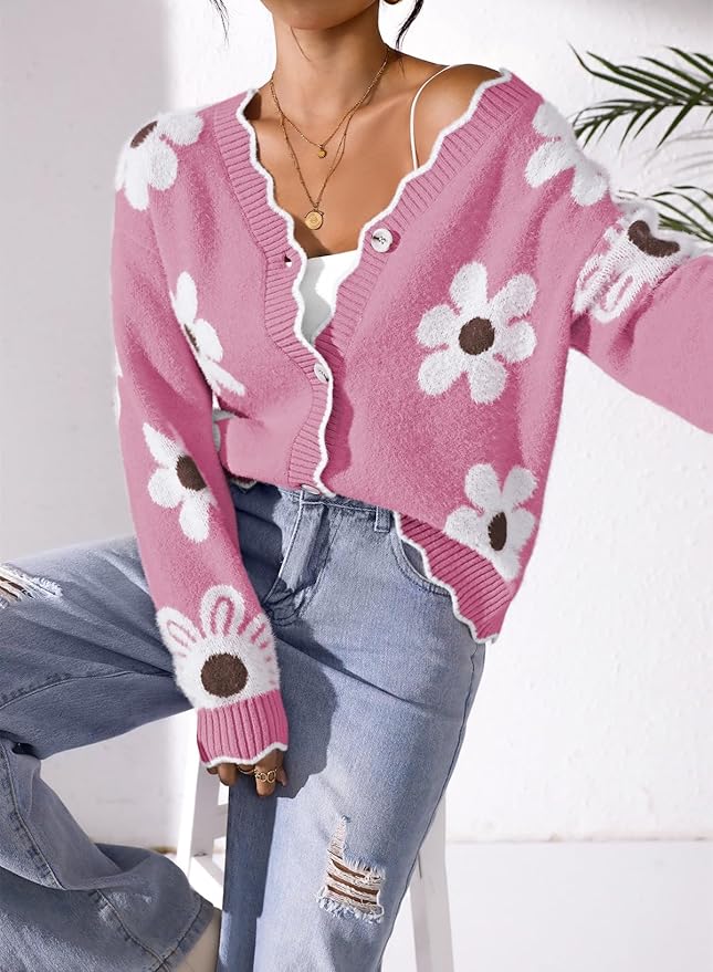 Pink Queen Fuzzy Sweater Cardigan for Women 2025 Fashion Long Sleeve Flower Outerwear Button Down Open Front Cardigan Coat