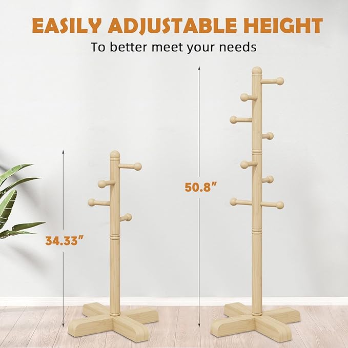 Coat Rack, Freestanding Coat Racks with 8 Hooks 2 Adjustable Height, Tree Coat Rack for Bedroom, Hallway, Entrance, Office, Hats, Handbags,Purse (Nature)