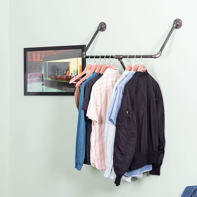 PIPE DECOR Industrial Pipe Wall Mounted Clothing Rack, Commercial or Residential Wardrobe Clothes Display, Heavy Duty Rustic Vintage Steel Grey Black Metal Garment Bracket Frame, Tri Flange Style