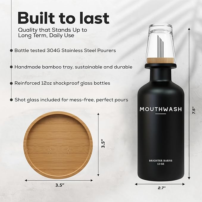 Black Glass Mouthwash Dispenser for Bathroom by Brighter Barns - Mouth Wash Dispensers for Bathroom Sink- Boho Mouthwash Container - Modern Bathroom Decor for Airbnb, Gym, Dental Office, Gift (Black)