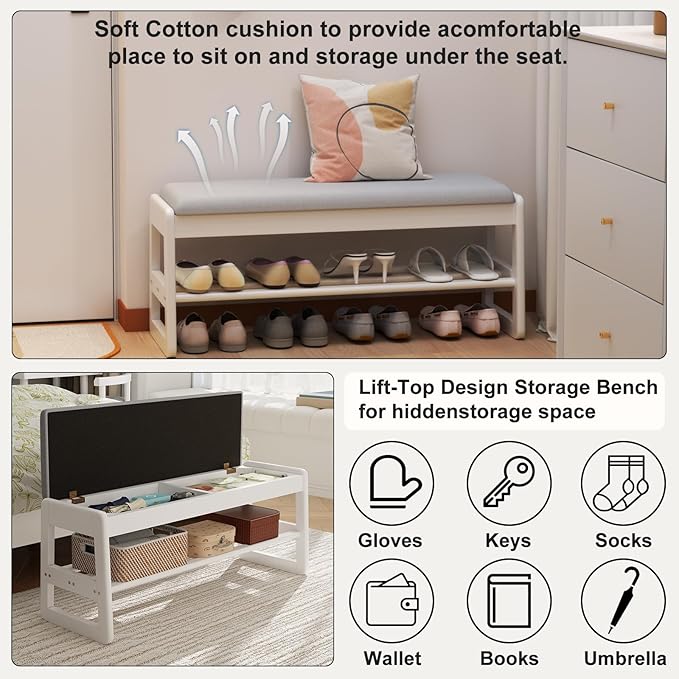 AQIMUELE Shoe Rack Bench,2 Tiers Shoe Bench with Storage with Flip-Top,Wood Shoe Rack for Entryway,Hallway（White Upholstered Seat）