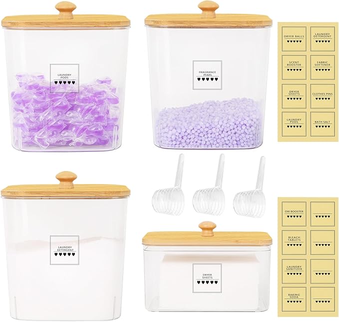 Laundry Storage Containers - Large Detergent Powder Storage with Wooden Lids & Labels, Laundry Pods Holder for Scent Booster, Powder & Pods, Laundry Room Organization 3+1 Pack